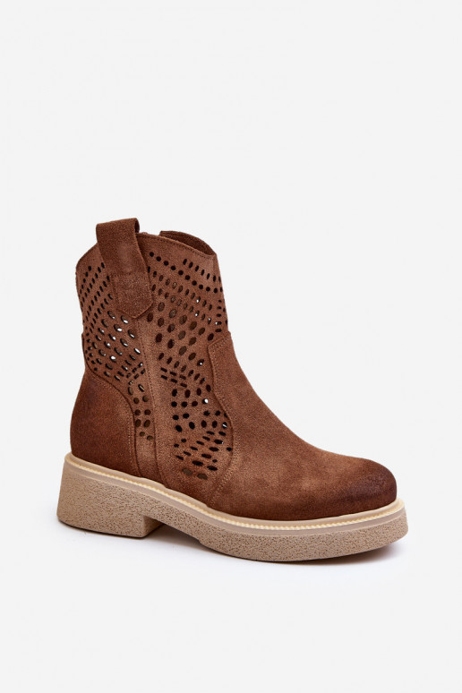 Zazoo 3470 Semišové boty  s širokými podpatky s ažurovými prvky hnědá Zazoo 3470 Semišové boty  s širokými podpatky s ažurovými prvky hnědá