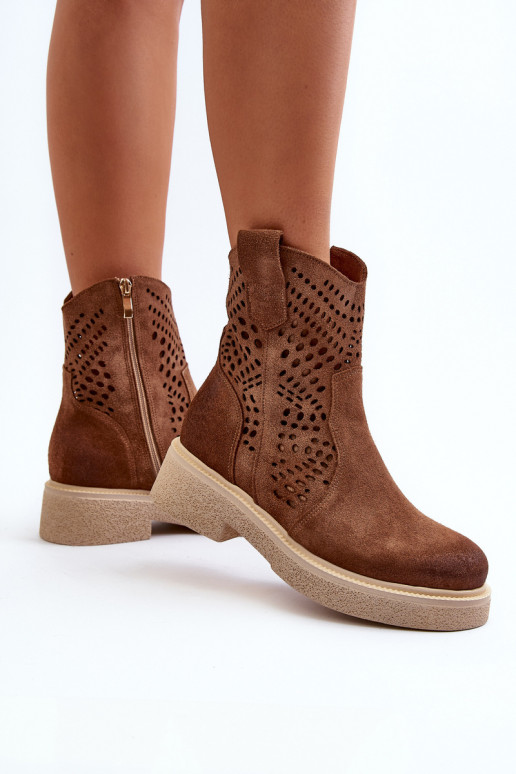 Zazoo 3470 Semišové boty  s širokými podpatky s ažurovými prvky hnědá Zazoo 3470 Semišové boty  s širokými podpatky s ažurovými prvky hnědá