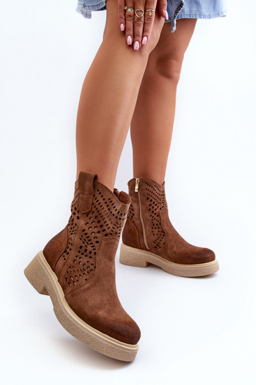 Zazoo 3470 Semišové boty  s širokými podpatky s ažurovými prvky hnědá Zazoo 3470 Semišové boty  s širokými podpatky s ažurovými prvky hnědá