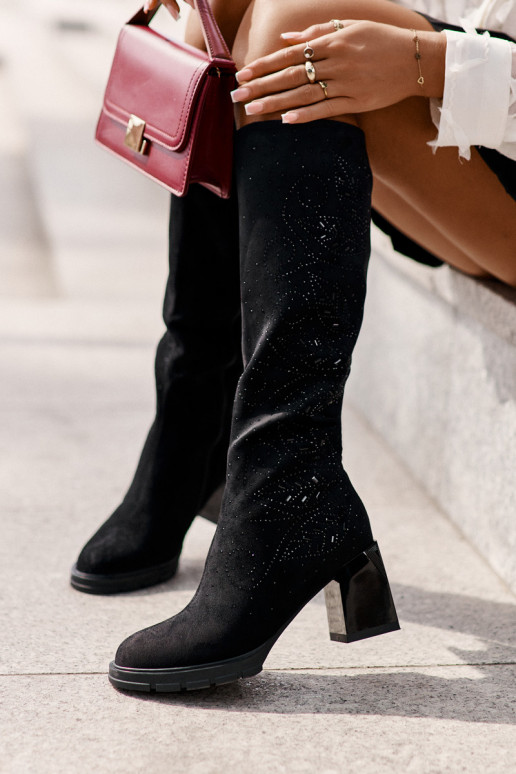 Zdobené dámské dlouhé boty  zateplené s podpatky MR880-158 Černé Zdobené dámské dlouhé boty  zateplené s podpatky MR880-158 Černé