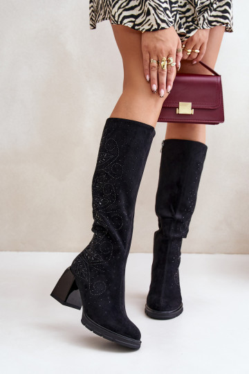 Zdobené dámské dlouhé boty  zateplené s podpatky MR880-158 Černé 2
