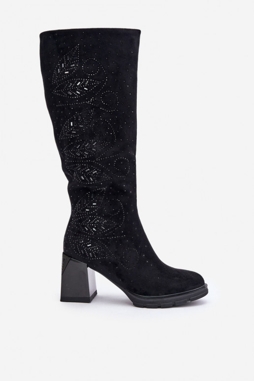 Zdobené dámské dlouhé boty  zateplené s podpatky MR880-158 Černé Zdobené dámské dlouhé boty  zateplené s podpatky MR880-158 Černé