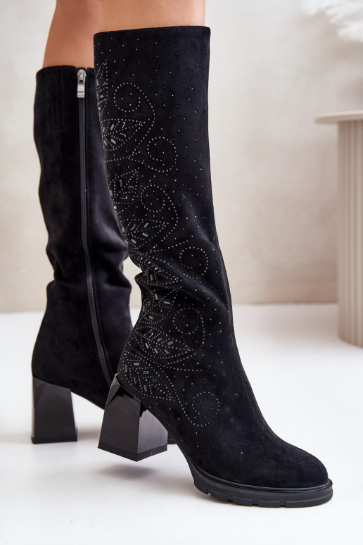 Zdobené dámské dlouhé boty  zateplené s podpatky MR880-158 Černé Zdobené dámské dlouhé boty  zateplené s podpatky MR880-158 Černé
