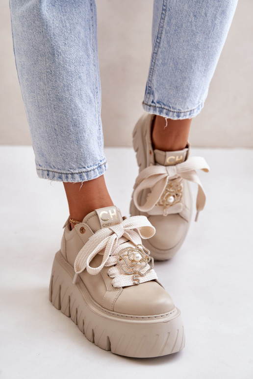 Tenisky  s módní masivní podrážkou se zlatými detaily CheBello 4530 béžové Tenisky  s módní masivní podrážkou se zlatými detaily CheBello 4530 béžové