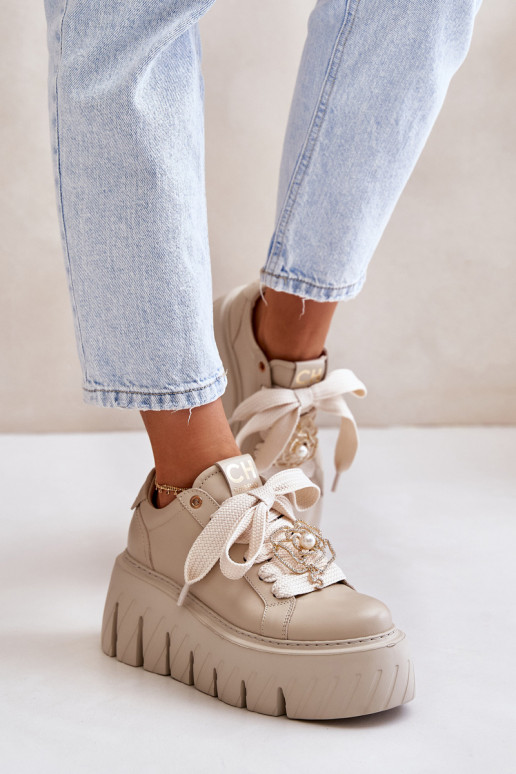 Tenisky  s módní masivní podrážkou se zlatými detaily CheBello 4530 béžové Tenisky  s módní masivní podrážkou se zlatými detaily CheBello 4530 béžové