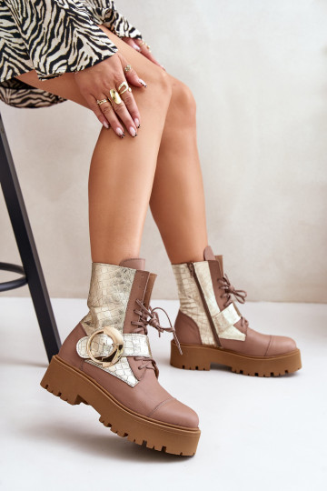 Zazoo 2942 Dřeváky Dámské boty se zlatými přezkami béžové