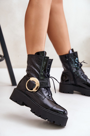 Zazoo 2942 Dřeváky Dámské boty se zlatými přezkami Černé