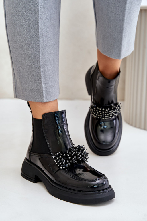 s efektem laku Dřeváky s ornamenty Slip-on vzor zateplené Černé Solimav  s efektem laku Dřeváky s ornamenty Slip-on vzor zateplené Černé Solimav