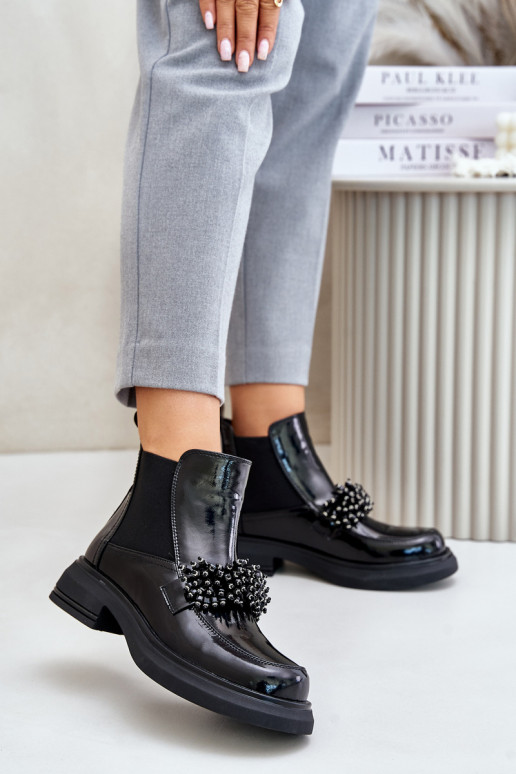 s efektem laku Dřeváky s ornamenty Slip-on vzor zateplené Černé Solimav  s efektem laku Dřeváky s ornamenty Slip-on vzor zateplené Černé Solimav