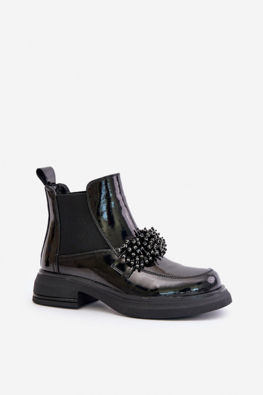 s efektem laku Dřeváky s ornamenty Slip-on vzor zateplené Černé Solimav  s efektem laku Dřeváky s ornamenty Slip-on vzor zateplené Černé Solimav