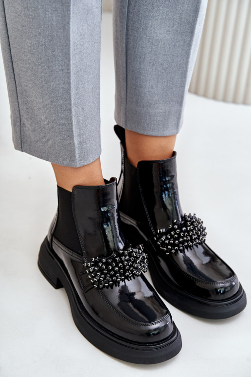 s efektem laku Dřeváky s ornamenty Slip-on vzor zateplené Černé Solimav  s efektem laku Dřeváky s ornamenty Slip-on vzor zateplené Černé Solimav