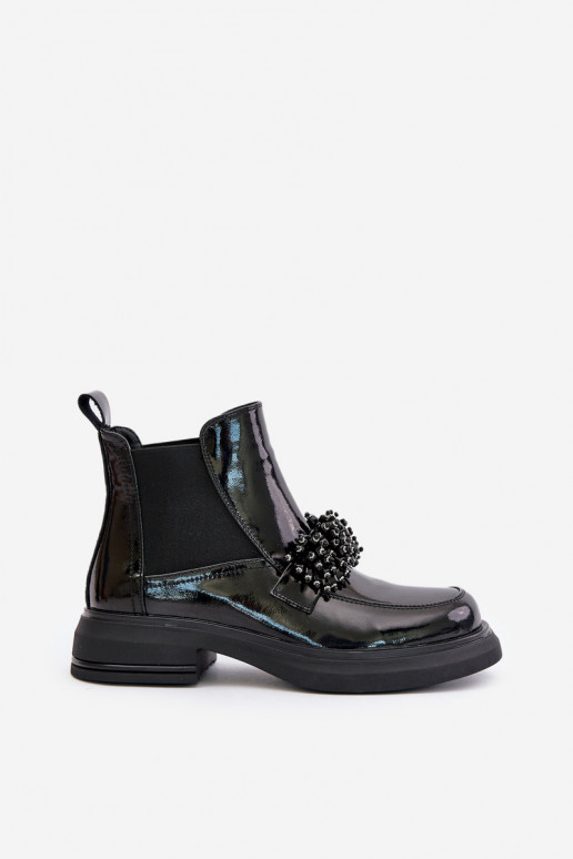 s efektem laku Dřeváky s ornamenty Slip-on vzor zateplené Černé Solimav  s efektem laku Dřeváky s ornamenty Slip-on vzor zateplené Černé Solimav