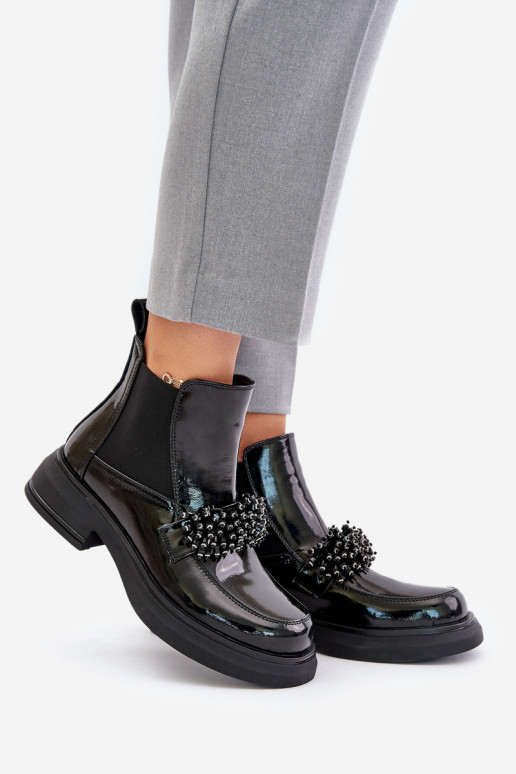 s efektem laku Dřeváky s ornamenty Slip-on vzor zateplené Černé Solimav  s efektem laku Dřeváky s ornamenty Slip-on vzor zateplené Černé Solimav