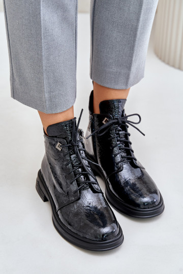 s efektem laku Dámské podpatky zateplené  D&A LZ42-042 Černé a-šedá