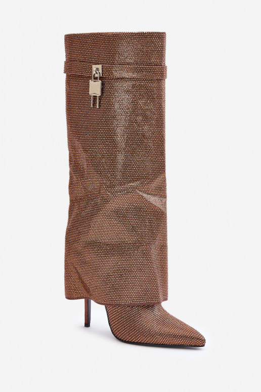 Zdobené Slip-on vzor dlouhé boty s tenkými podpatky Z Wywiniętą Cholewką hnědá Enathlin Zdobené Slip-on vzor dlouhé boty s tenkými podpatky Z Wywiniętą Cholewką hnědá Enathlin