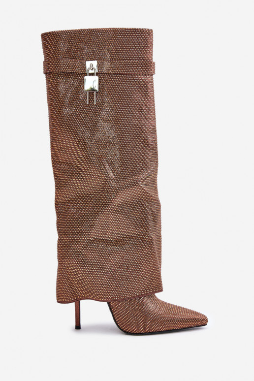 Zdobené Slip-on vzor dlouhé boty s tenkými podpatky Z Wywiniętą Cholewką hnědá Enathlin Zdobené Slip-on vzor dlouhé boty s tenkými podpatky Z Wywiniętą Cholewką hnědá Enathlin