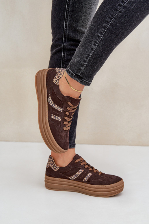 Zazoo N1176 ze semiše Tenisky s platformou se vzory leopardí kožešiny Czekoladowe Zazoo N1176 ze semiše Tenisky s platformou se vzory leopardí kožešiny Czekoladowe