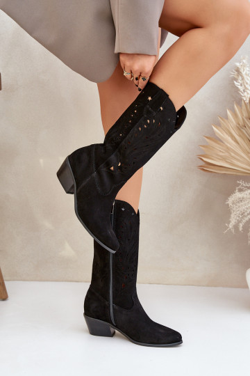 ze semiše dlouhé boty Z Ażurową Cholewką Zazoo 3609 Černé