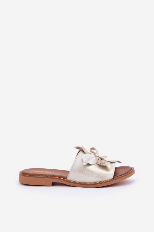 Pantofle s ornamenty pravá kůže Zazoo 3667 zlaté barvy Przecierany