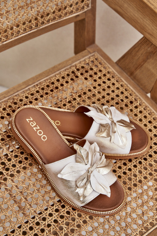 Pantofle s ornamenty pravá kůže Zazoo 3667 zlaté barvy Przecierany