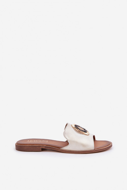 Pantofle s ornamenty s širokými podpatky  3047/O zlaté barvy Przecierany