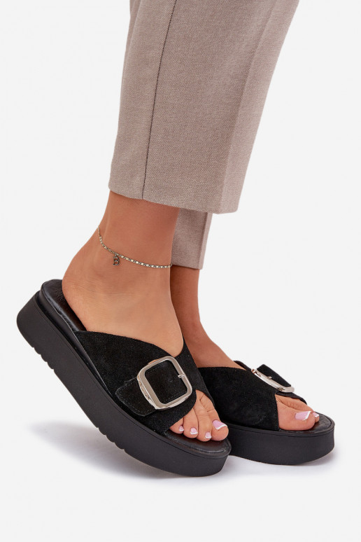 Dámské semišové pantofle s přezkami s platformou Zazoo 3019 Černé