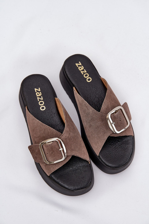 Dámské semišové pantofle s přezkami s platformou Zazoo 3019 hnědá