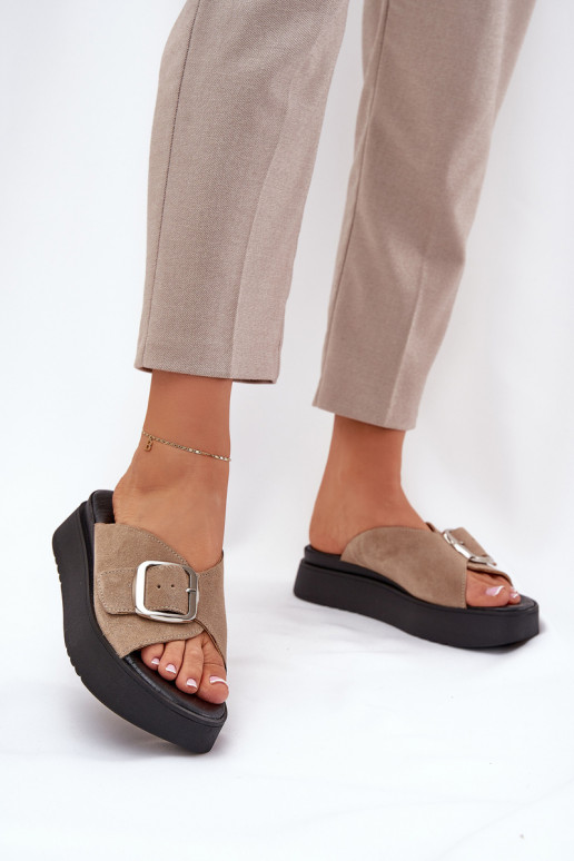 Dámské semišové pantofle s přezkami s platformou Zazoo 3019 béžové