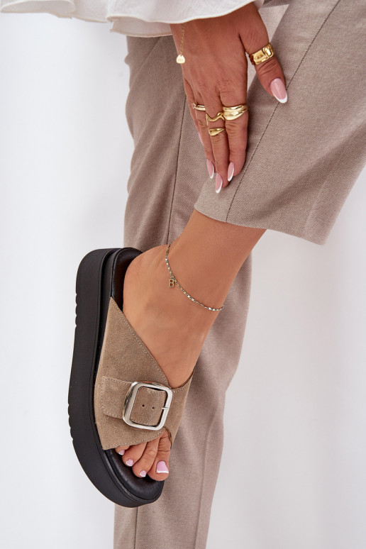 Dámské semišové pantofle s přezkami s platformou Zazoo 3019 béžové