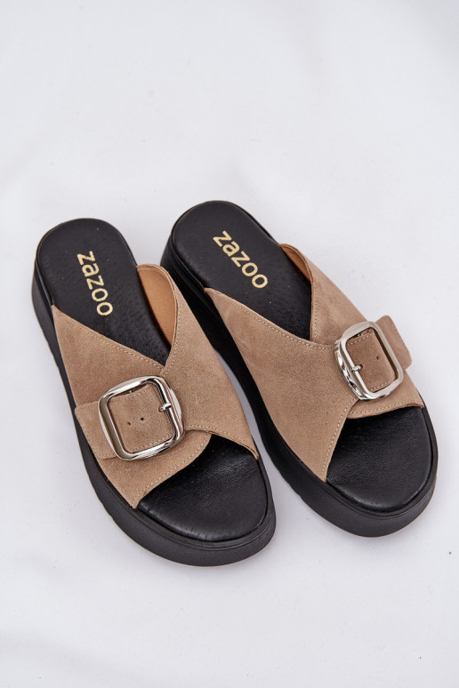 Dámské semišové pantofle s přezkami s platformou Zazoo 3019 béžové