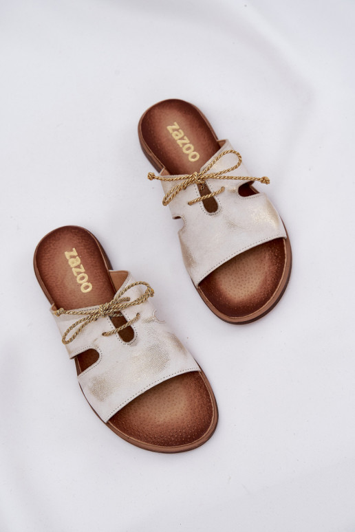 Pantofle  s širokými podpatky Zazoo 3022 zlaté barvy Przecierany