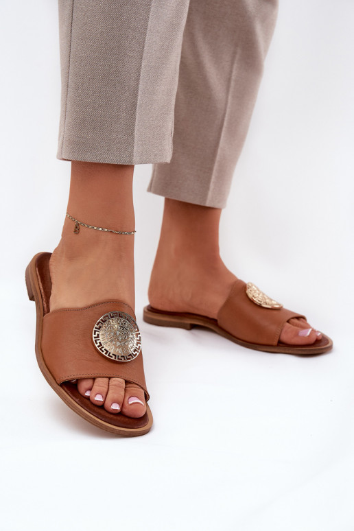 Zazoo 2938 Pantofle s širokými podpatky s ornamenty Camel