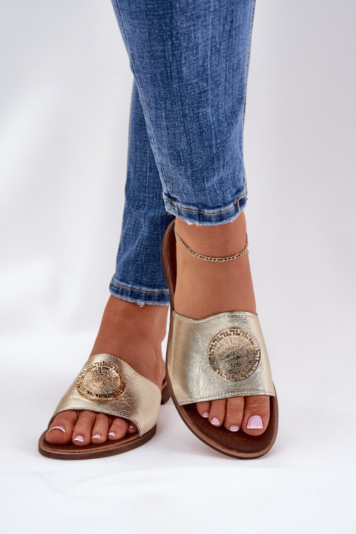 Zazoo 2938 Pantofle s širokými podpatky s ornamenty zlaté barvy