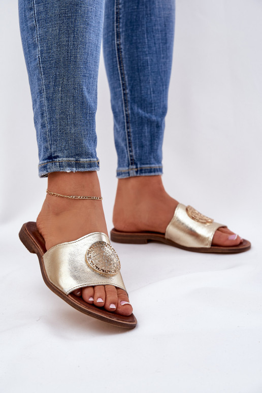 Zazoo 2938 Pantofle s širokými podpatky s ornamenty zlaté barvy