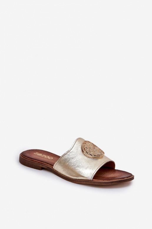 Zazoo 2938 Pantofle s širokými podpatky s ornamenty zlaté barvy