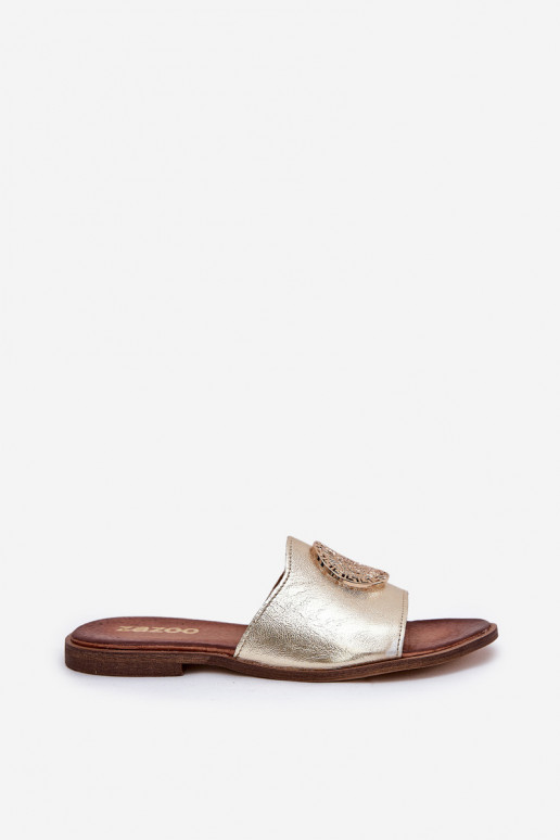 Zazoo 2938 Pantofle s širokými podpatky s ornamenty zlaté barvy