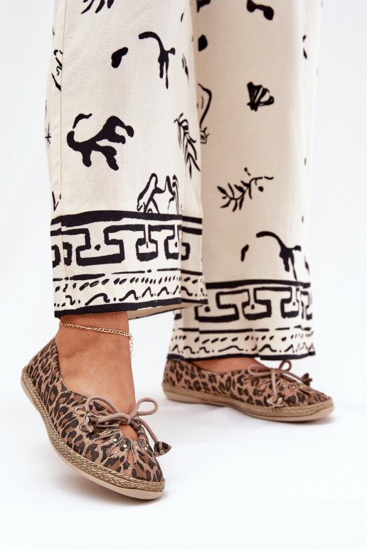 Ploché boty baleríny Z Naturalnej Skóry se vzory leopardí kožešiny Zazoo 10179 hnědá