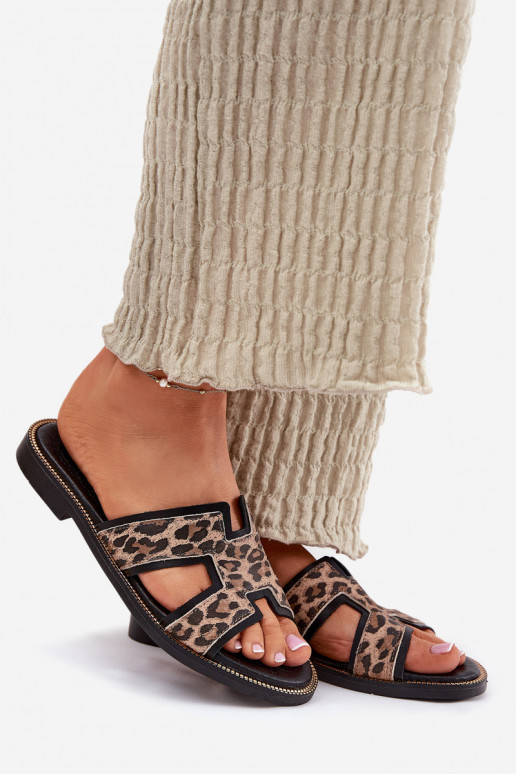  Ploché boty Pantofle se vzory leopardí kožešiny Zazoo 40383 Černé