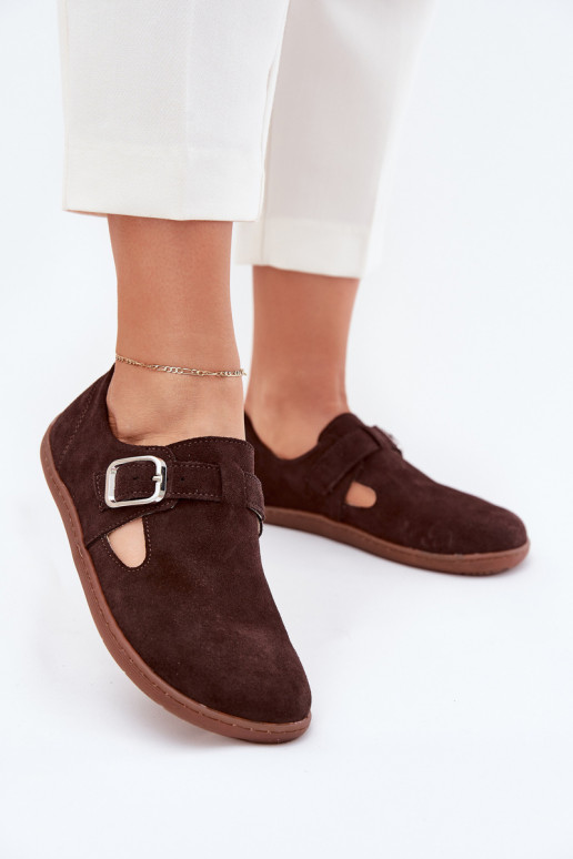 ze semiše boty Barefoot  s přezkami Łaty Zazoo N1261 Czekoladowe