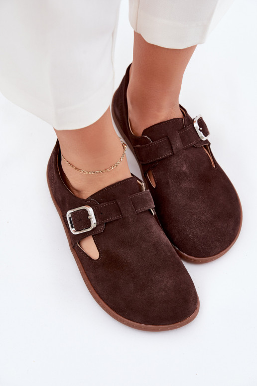 ze semiše boty Barefoot  s přezkami Łaty Zazoo N1261 Czekoladowe