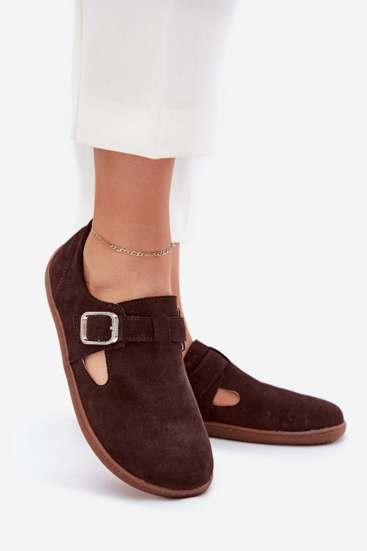 ze semiše boty Barefoot  s přezkami Łaty Zazoo N1261 Czekoladowe