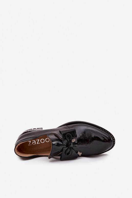 s efektem laku boty  na nízkém podpatku se stuhami Zazoo 1399 Černé