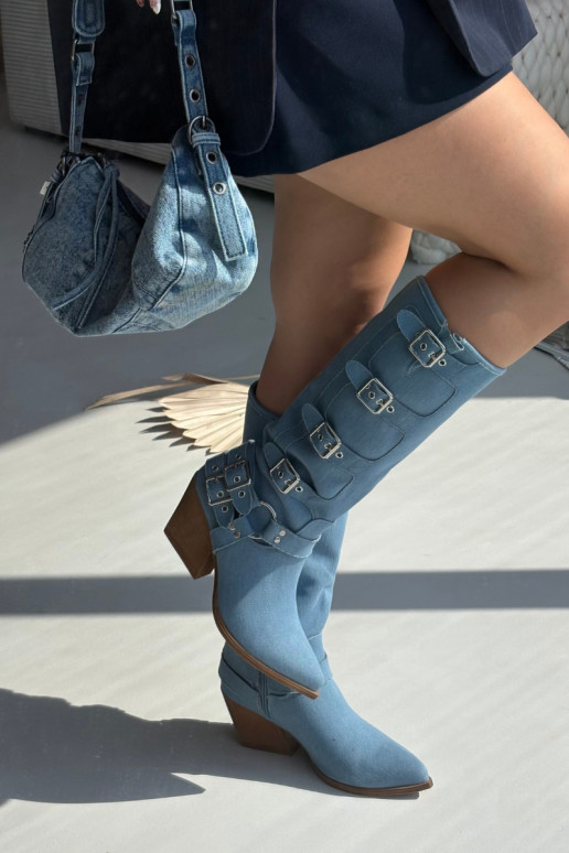dlouhé boty kovbojský styl s podpatky s přezkami Džínový materiál Fivelle dlouhé boty kovbojský styl s podpatky s přezkami Džínový materiál Fivelle