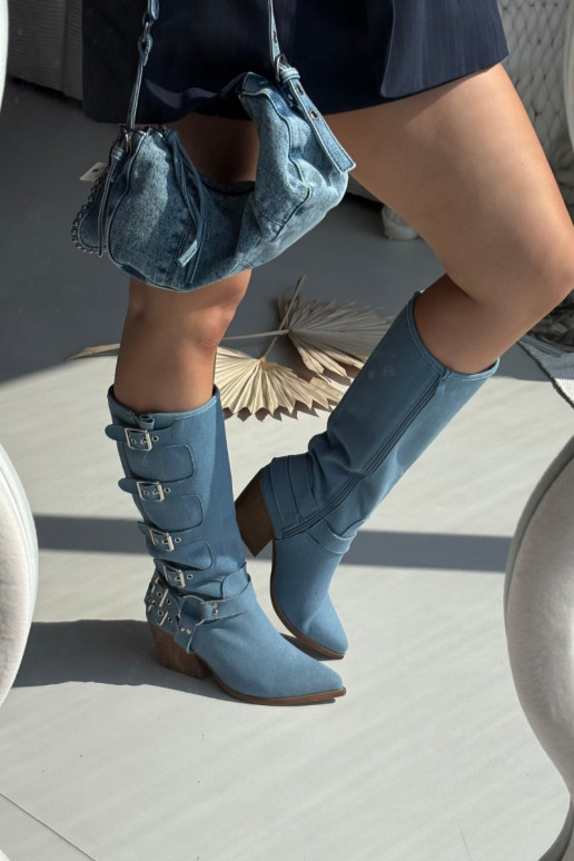 dlouhé boty kovbojský styl s podpatky s přezkami Džínový materiál Fivelle dlouhé boty kovbojský styl s podpatky s přezkami Džínový materiál Fivelle