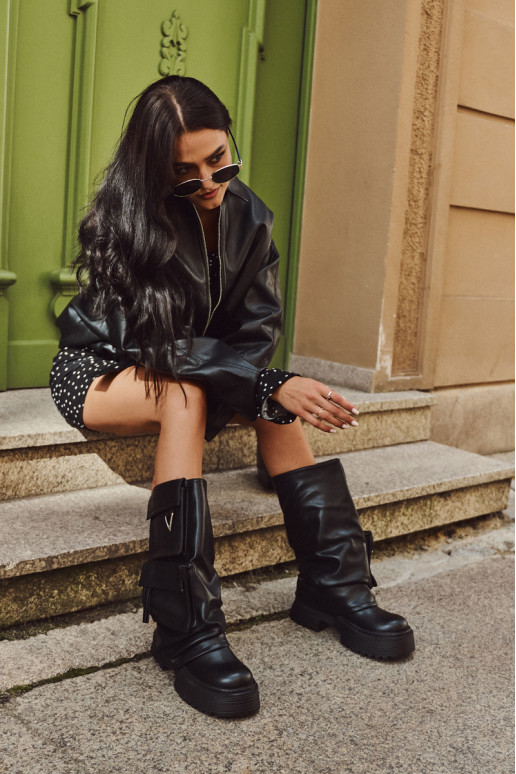 zateplené Slip-on vzor dámské dlouhé boty s platformou s kapsami Černé Clarinda