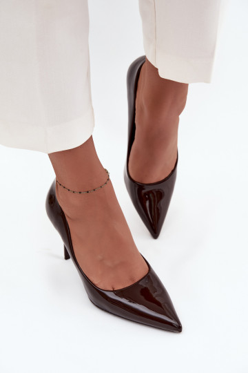 s efektem laku Eko  Boty na vysokém podpatku  Ze Szpiczastymi Noskami Czekoladowe Jadira