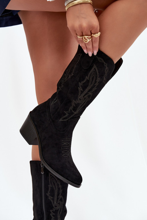 dlouhé boty kovbojský styl  s podpatky zateplené Vinceza 16508 Černé