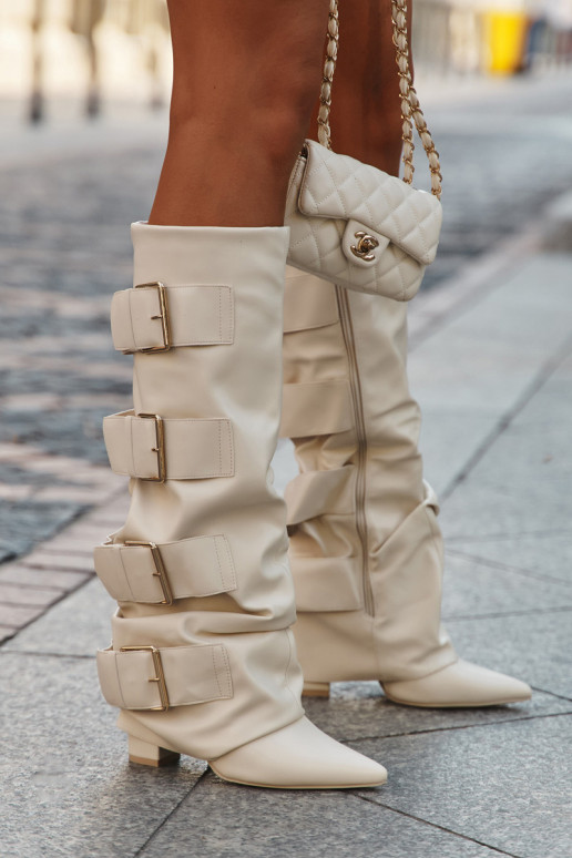 dámské dlouhé boty s podpatky Z Wywiniętą Cholewką I zlaté barvymi s přezkamimi slonová kost Isavelle