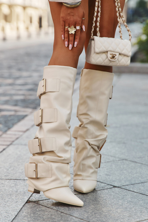 dámské dlouhé boty s podpatky Z Wywiniętą Cholewką I zlaté barvymi s přezkamimi slonová kost Isavelle