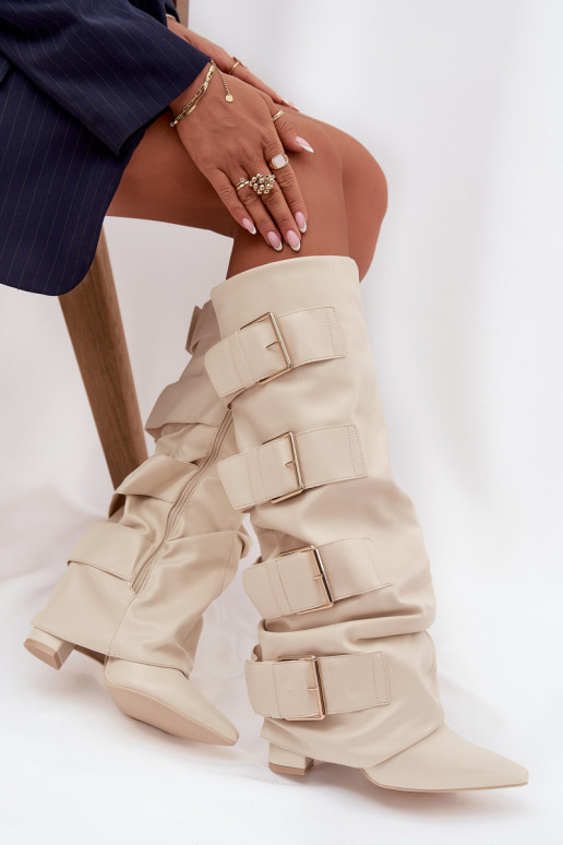 dámské dlouhé boty s podpatky Z Wywiniętą Cholewką I zlaté barvymi s přezkamimi slonová kost Isavelle